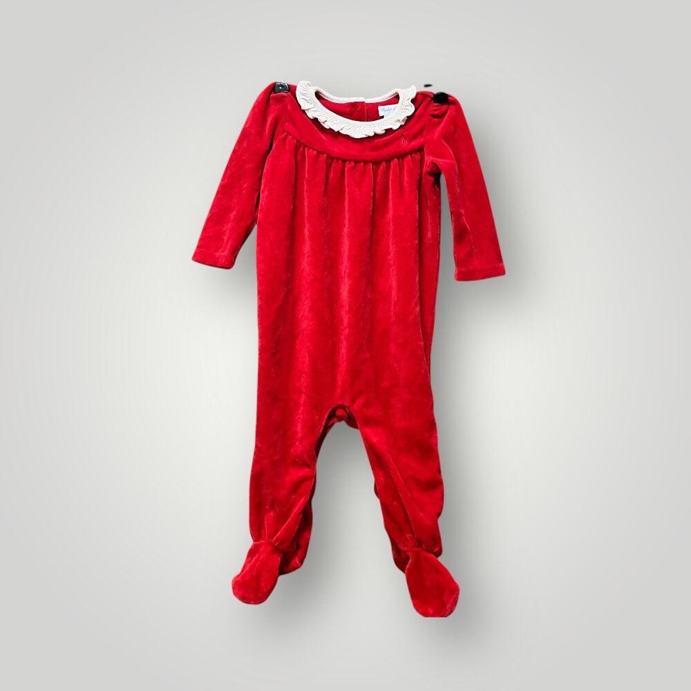 Vintage Ralph Lauren Footie Pajamas Red Velour Collar Size 9 months RL Christmas